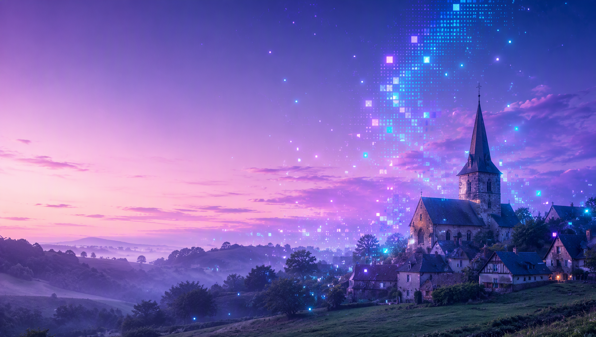 Le village de Boulon à l'aube, pixels numériques